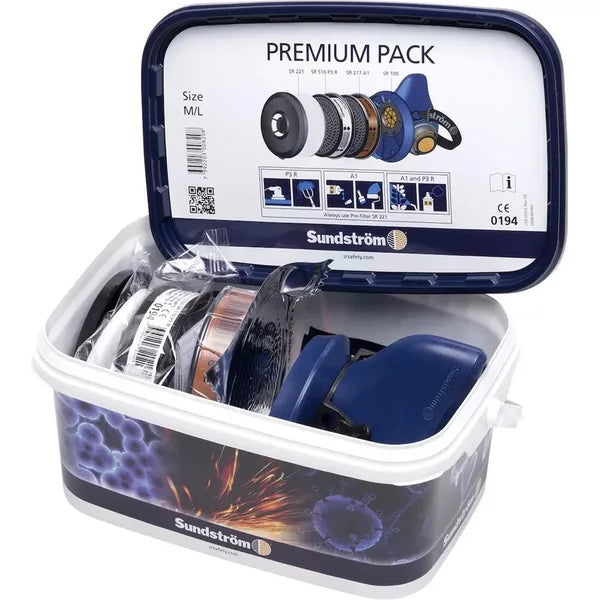 SUNDSTRÖM SR100 Premium Pack, silikoninen puolinaamari nuohoukseen ja työturvallisuuteen suodattimilla.